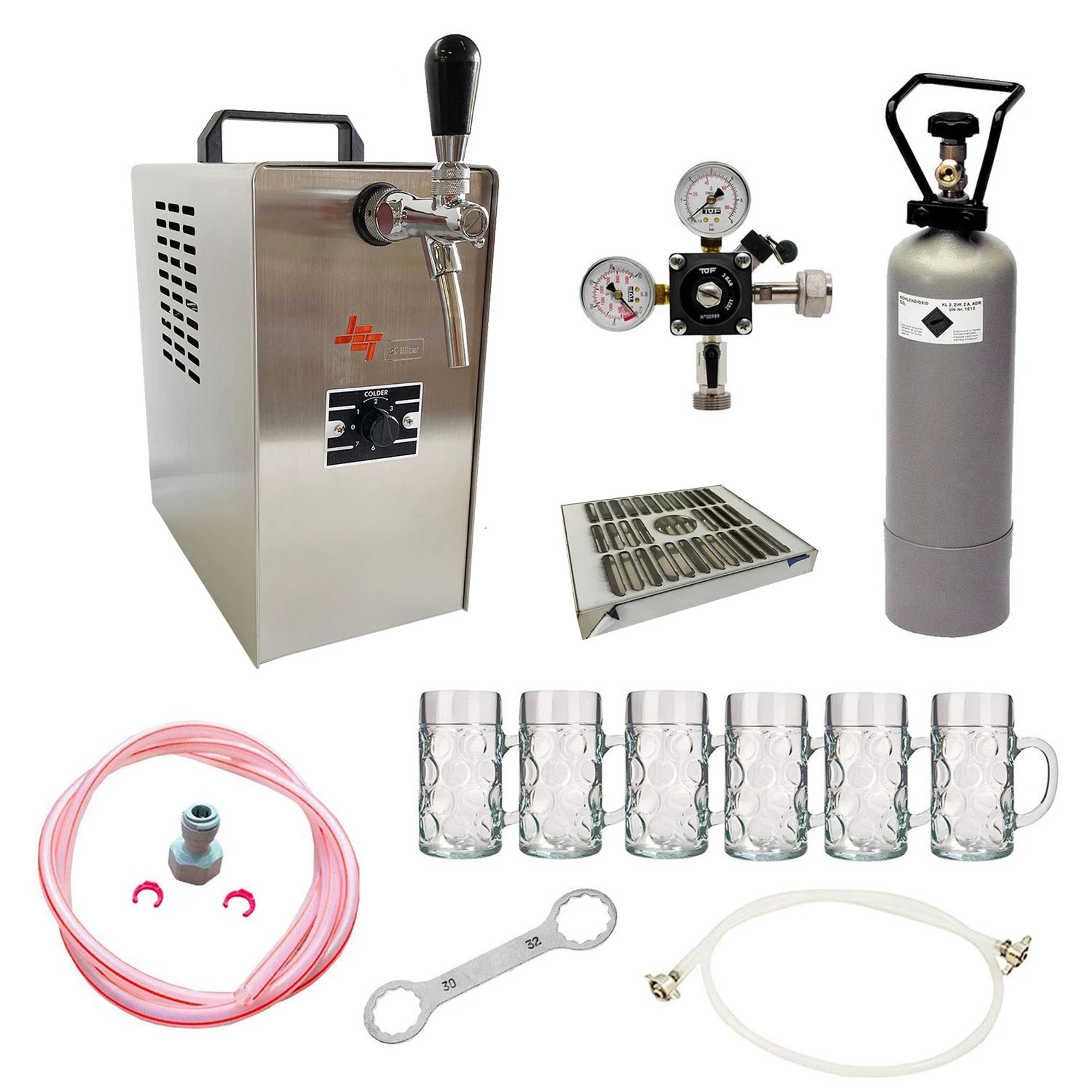 Bierkoeler set met tapkraan, gasfles, meters, glazen en slangen.