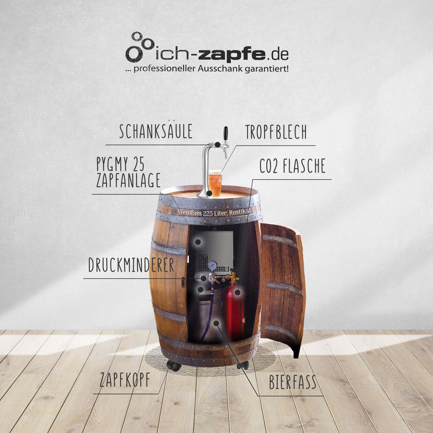 Houten vat met biertap, CO2-fles, drukregelaar en tapkraan.