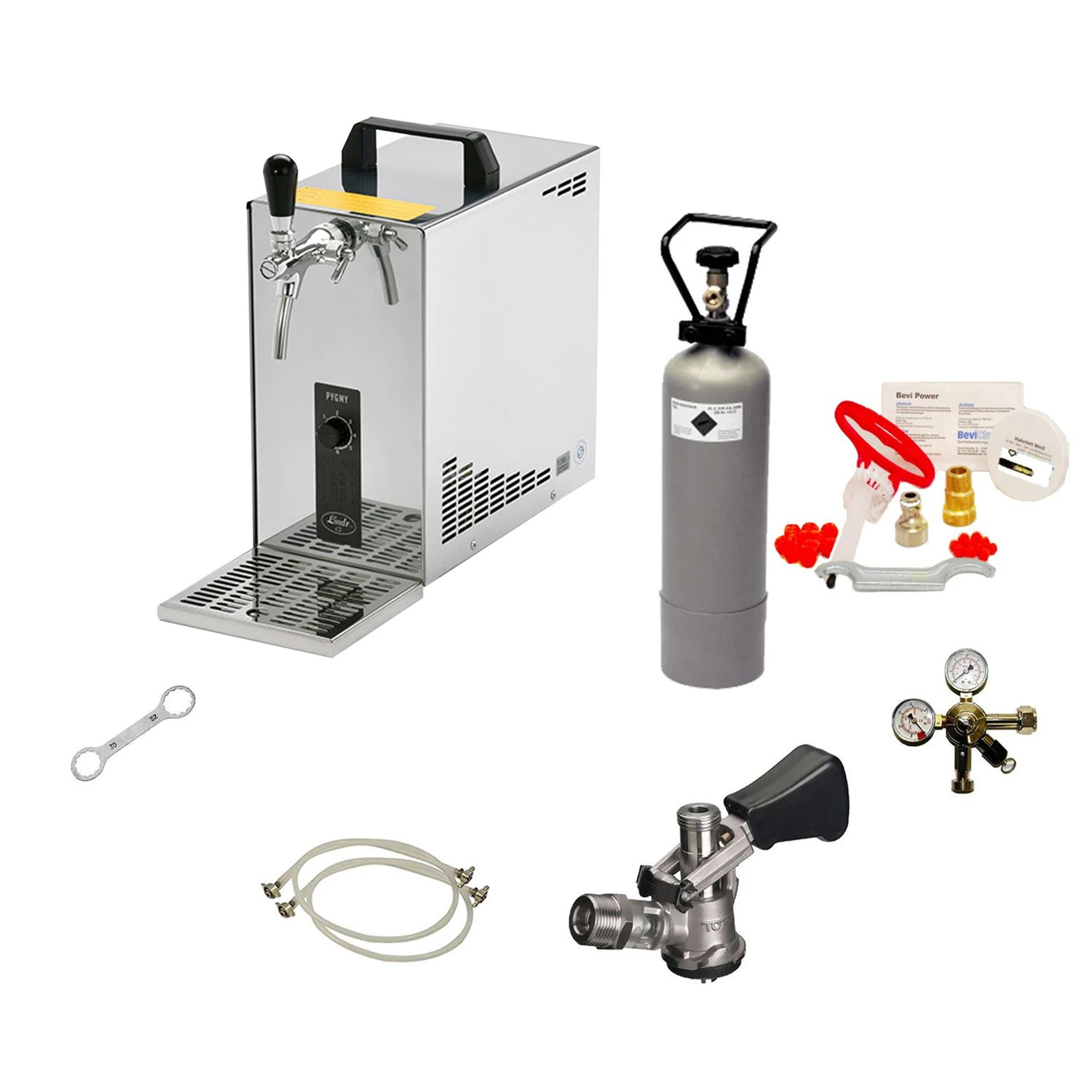 Bierdispenser met CO2-fles, drukregelaar, slangen en gereedschap.