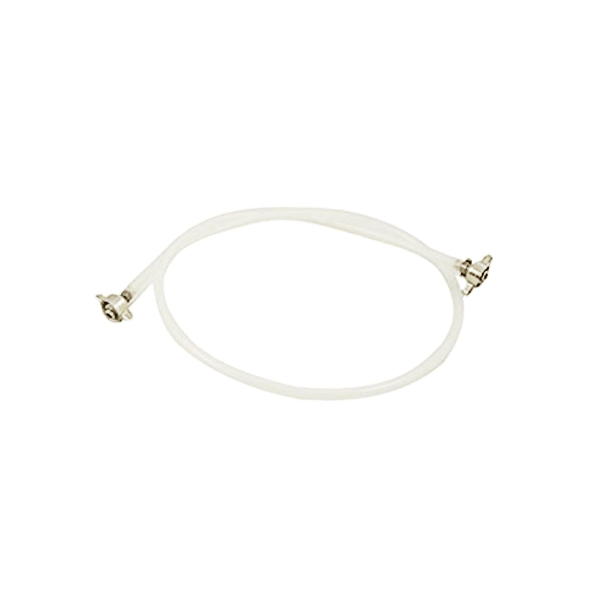 Een witte slang met metalen connectoren aan beide uiteinden.