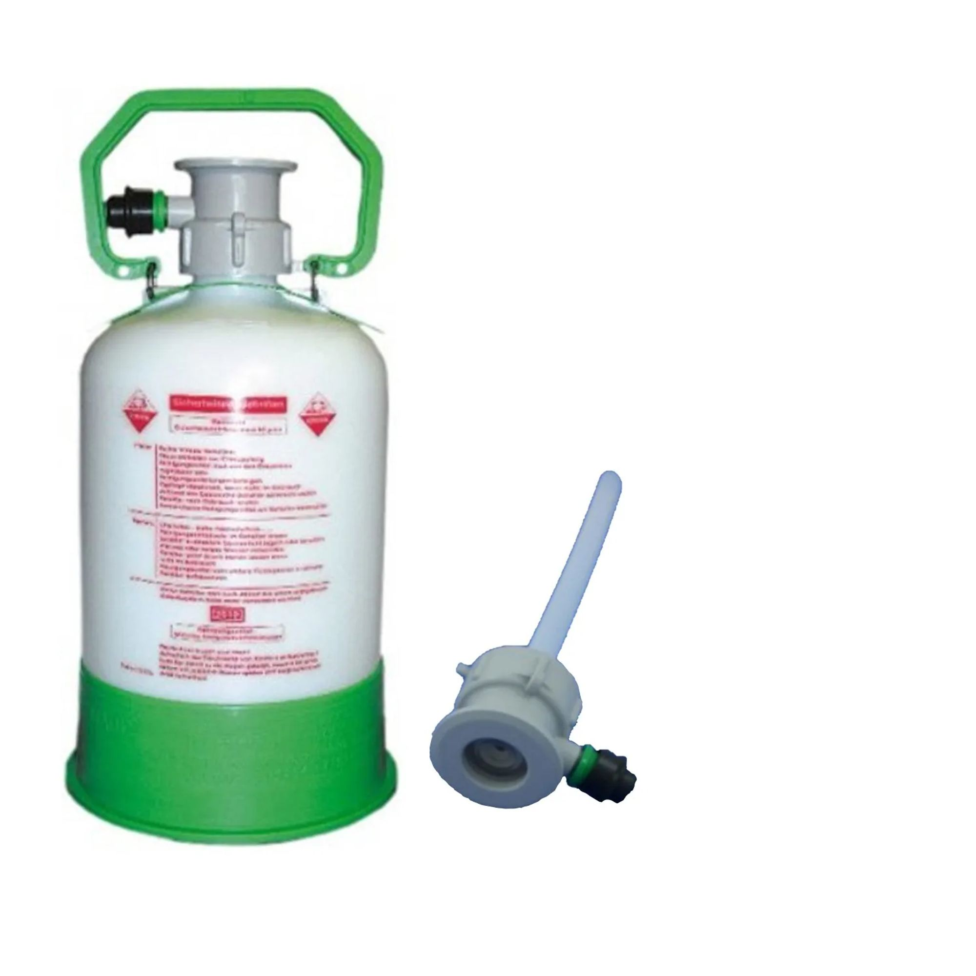 Een witte tank met een groen handvat en basis, naast een grijze adapter.