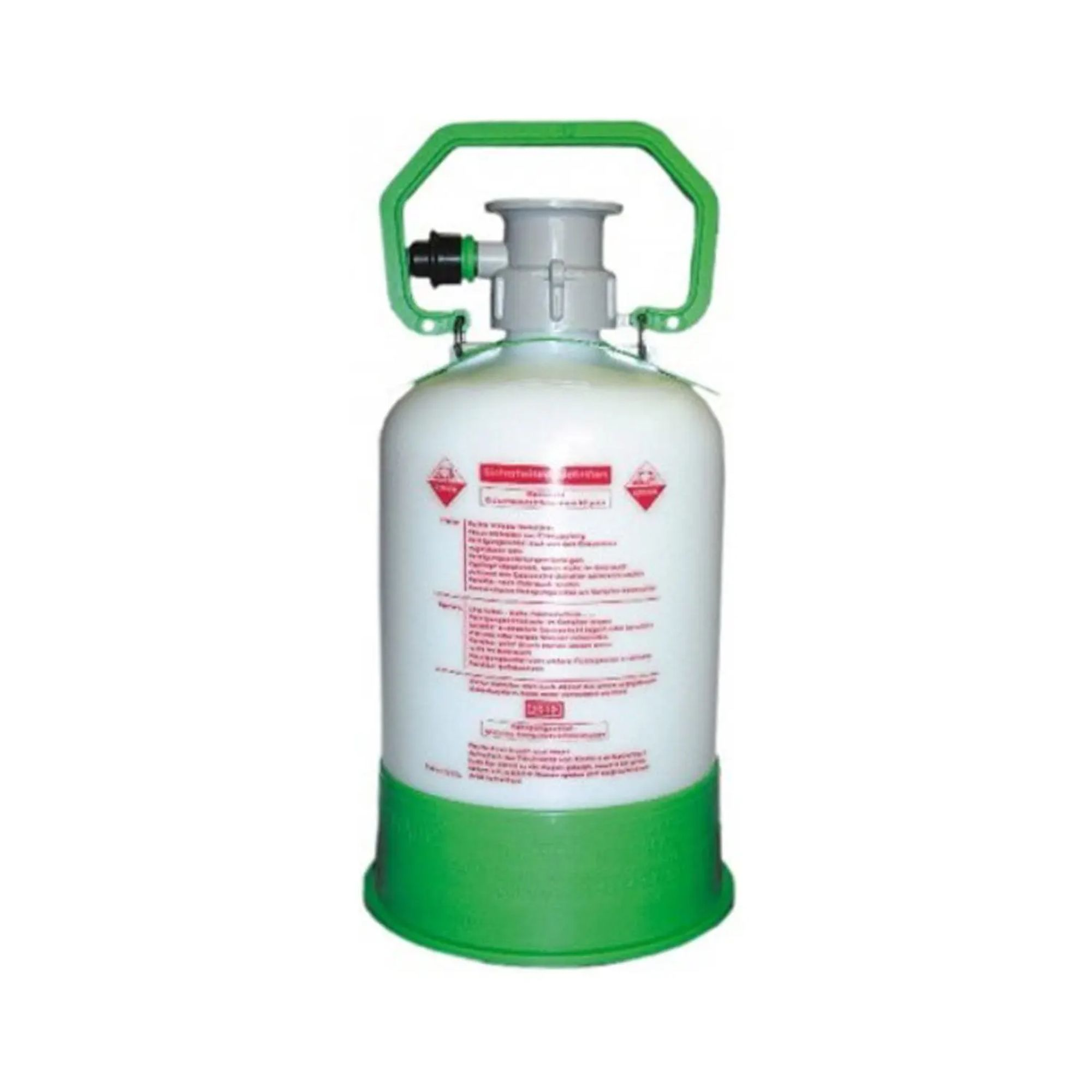 Een witte en groene gasfles met een groen handvat en een groene voet. Het heeft waarschuwingslabels.