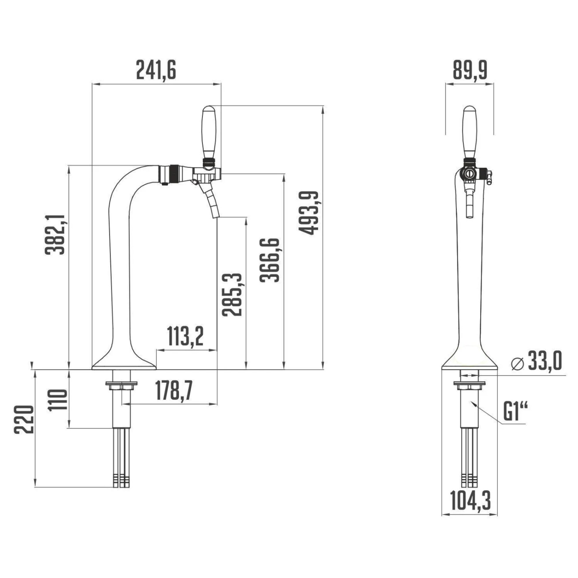 Dessin technique d'un robinet à bière avec dimensions.