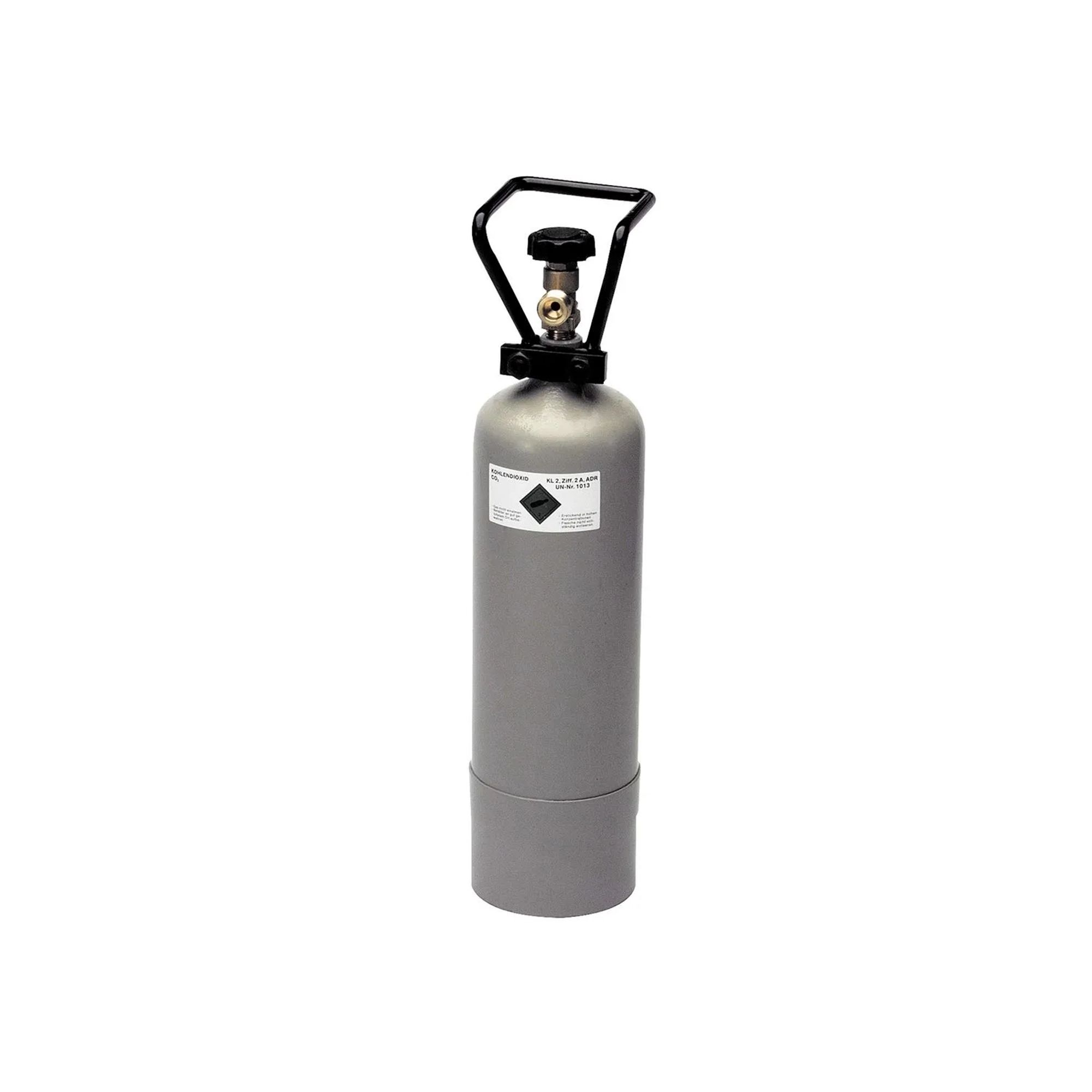 Bouteille de gaz grise avec poignée et valve noires. Étiquetée 'CO2'.