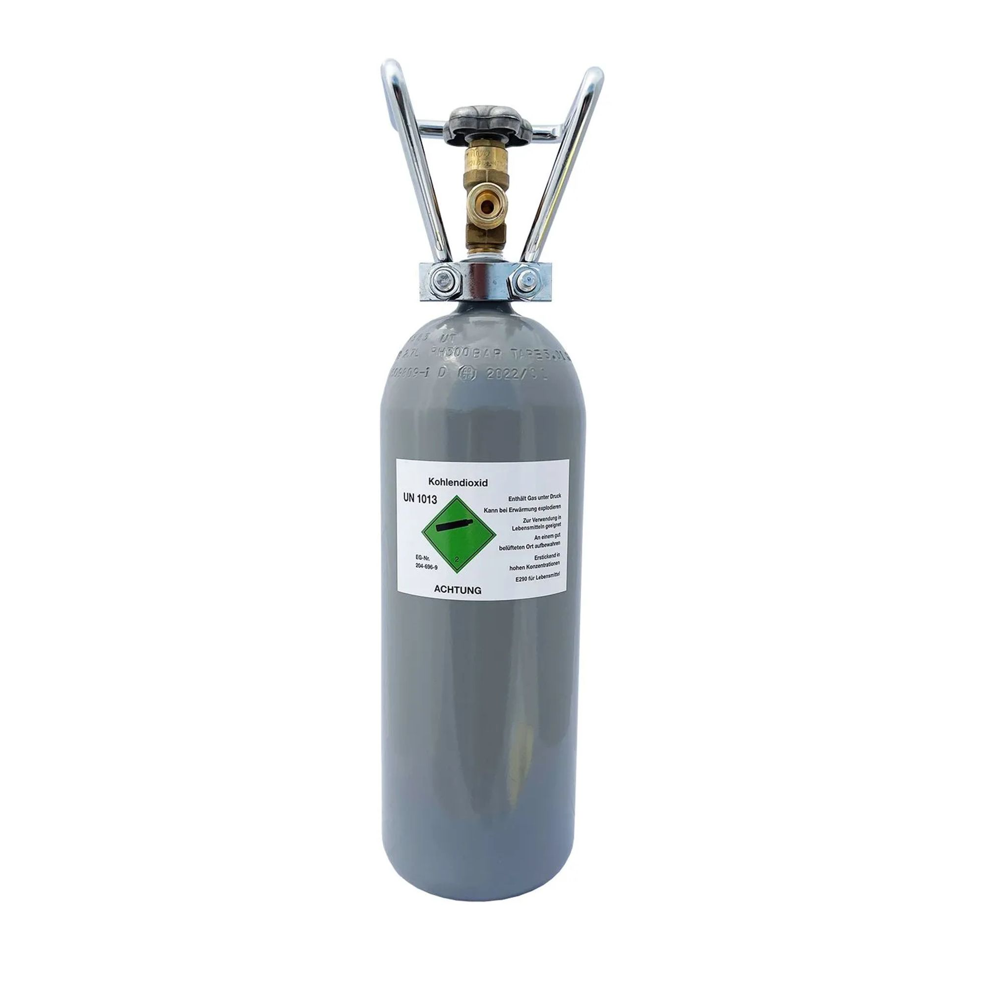 Bouteille de gaz de dioxyde de carbone grise avec valve et poignées, fond blanc.