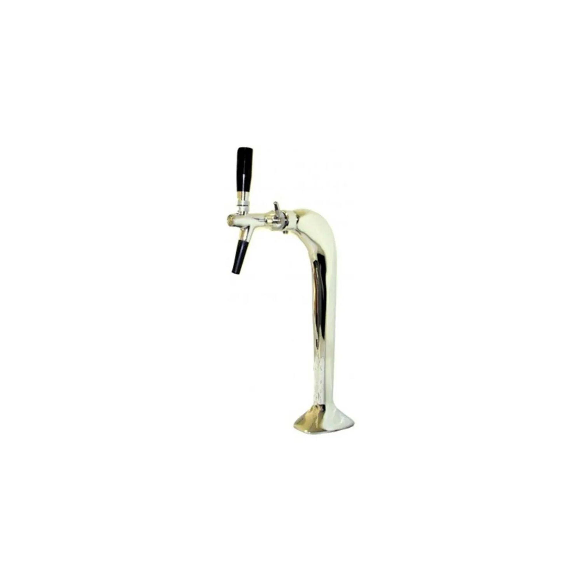 Een glanzende chromen biertap met een zwart handvat.
