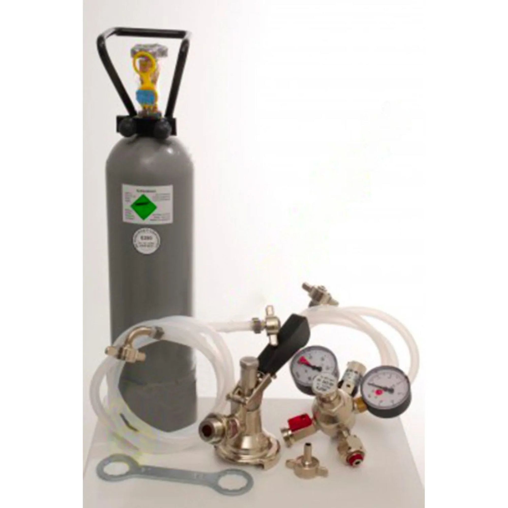 Bouteille de CO2 grise avec régulateur, coupleur, tuyaux et clé.