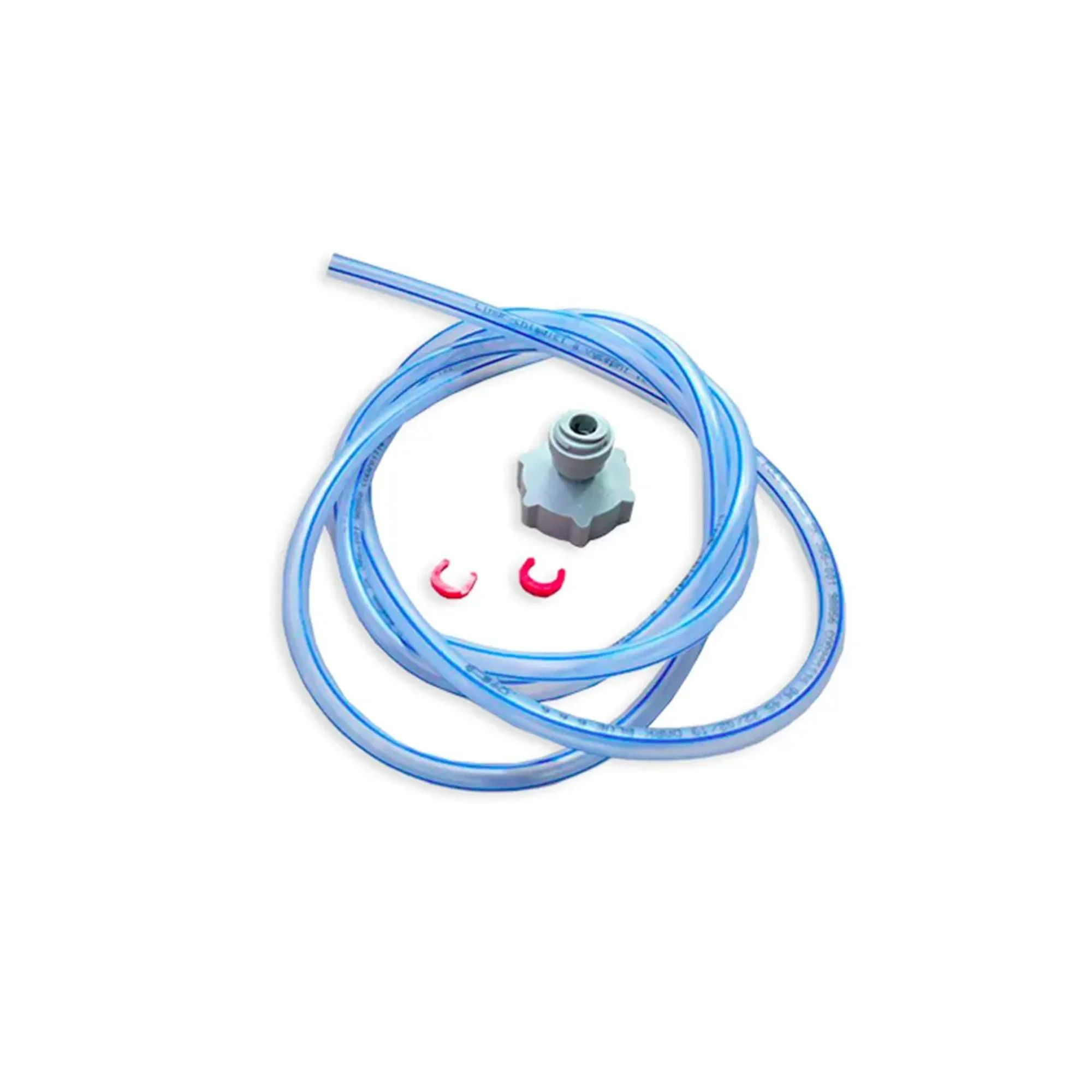 Blauwe slang met doorzichtige strepen, een grijze connector en twee rode clips op wit.