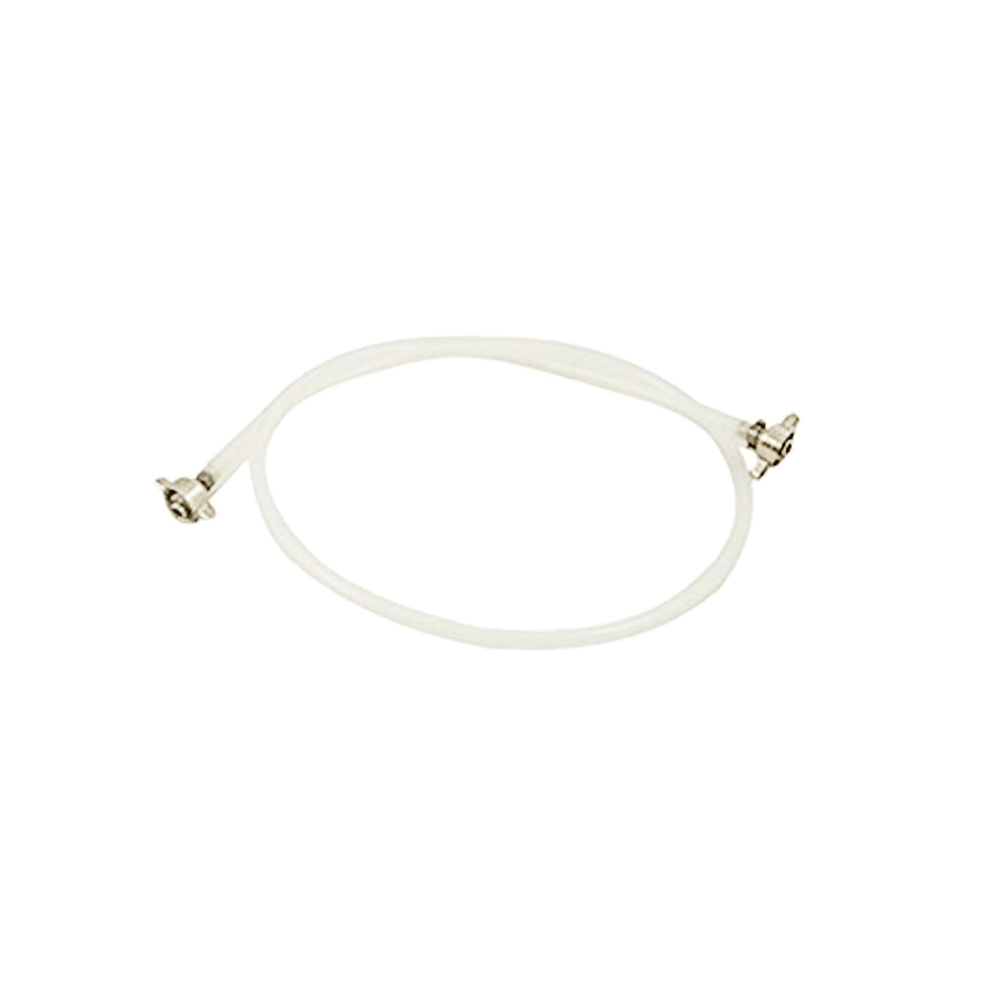 A white hose with metal connectors on both ends, on a white background.