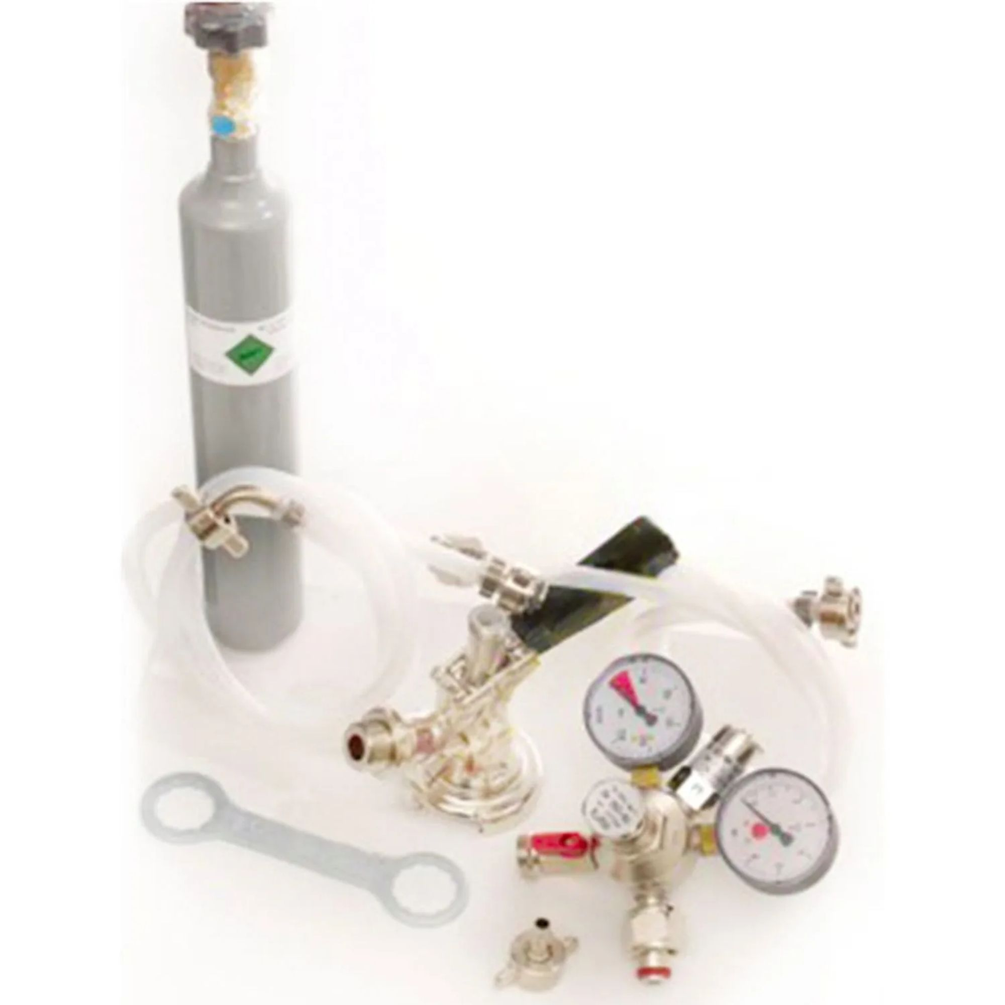 Grijze CO2-cilinder met meters, slangen en een moersleutel.