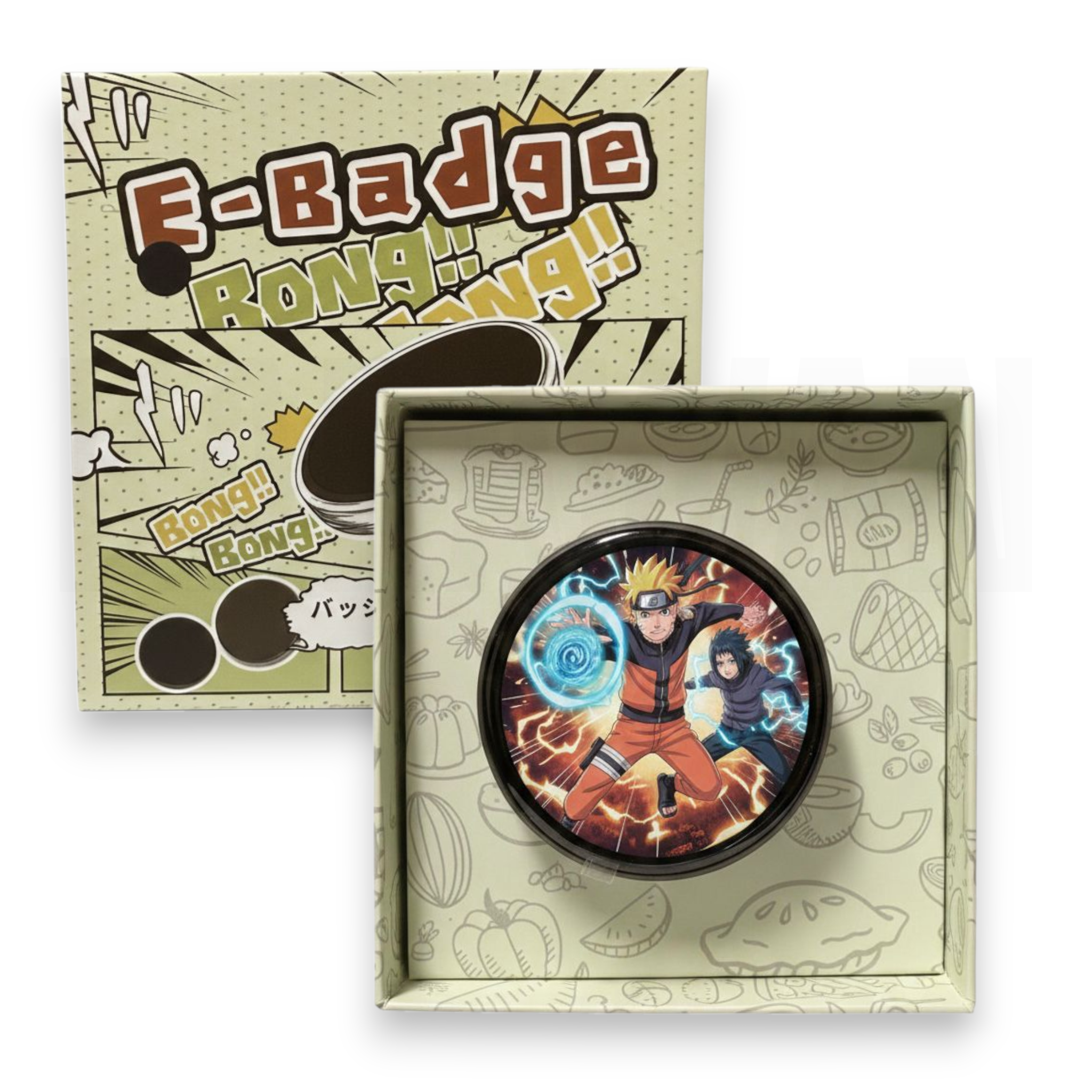 Una caja coleccionable de Naruto con una insignia de Naruto y Sasuke.