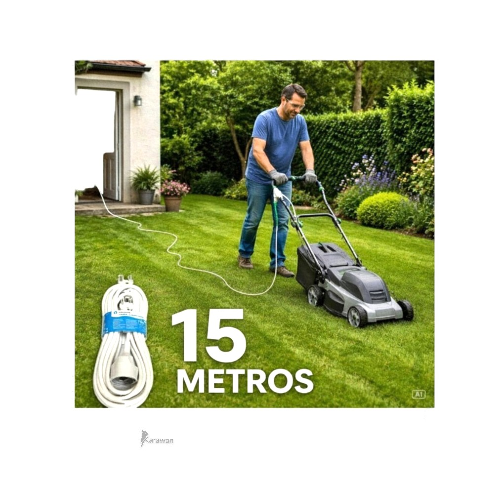 Hombre cortando césped con cortacésped eléctrico. Cable de 15 metros enrollado.