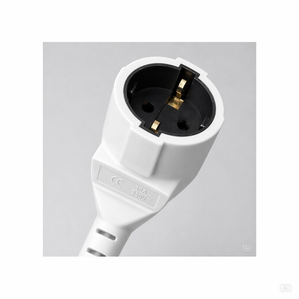 Un enchufe blanco con marca CE y 16A 250V.