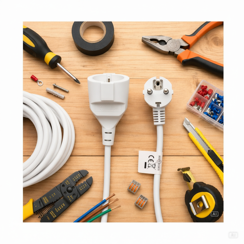 Herramientas y cables: Destornillador, cinta, alicates, toma de corriente, enchufe, cable, pelacables, conectores, cúter, cinta métrica.