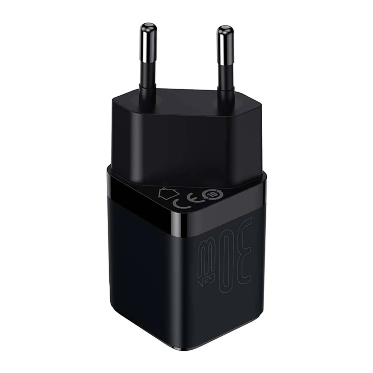 Un caricabatterie rapido nero GaN da 30W con due pin argentati e certificazione CE.