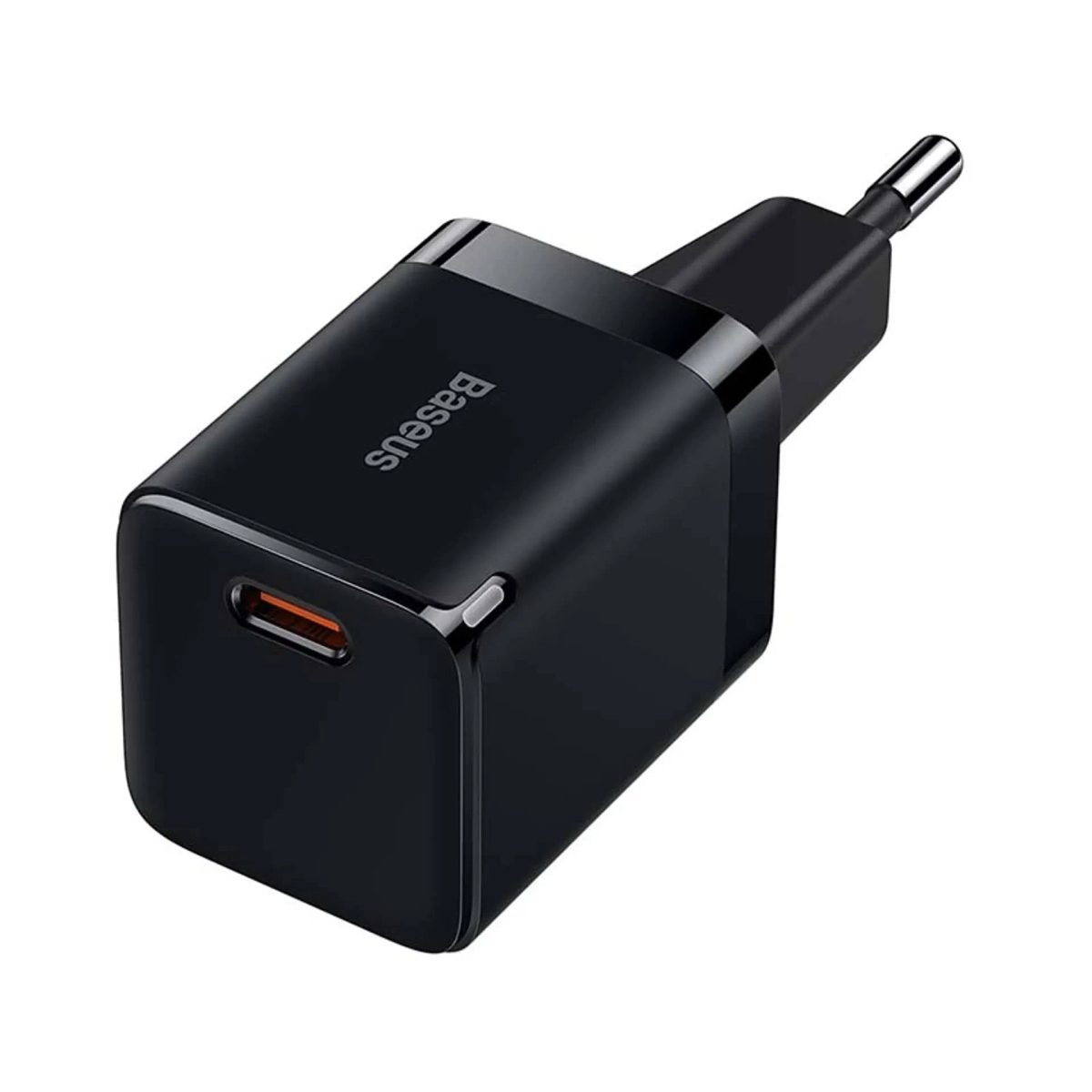 Spina caricatore USB-C nera con interno arancione e logo "Baseus".