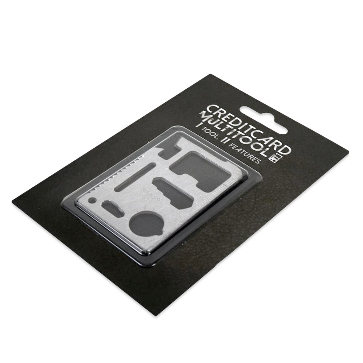 Creditcard multitool met 11 functies in blisterverpakking op zwart karton.