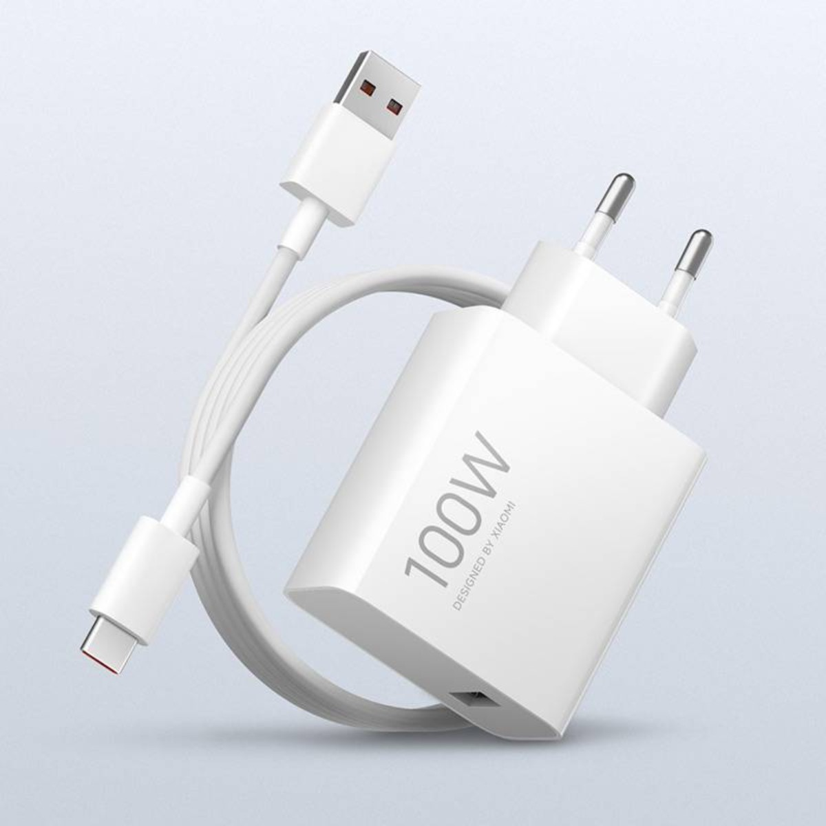 Un caricabatterie bianco da 100W con cavi USB-C e USB-A su sfondo blu.