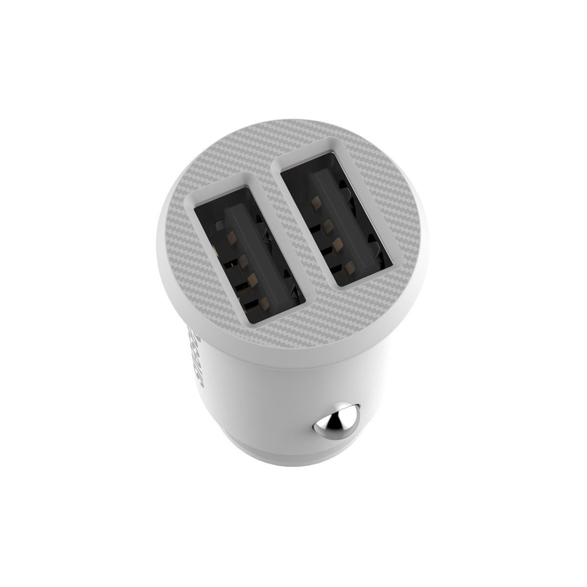 Un adattatore caricabatterie per auto USB duale bianco con pulsante argentato.