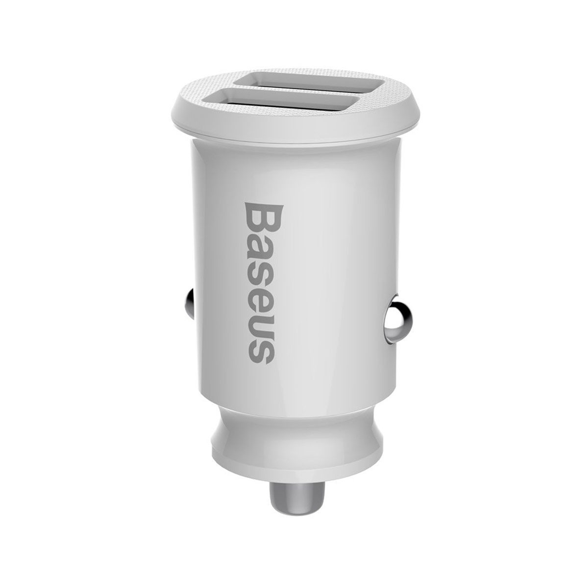 Adattatore USB per auto Baseus bianco con due porte e spina argentata.