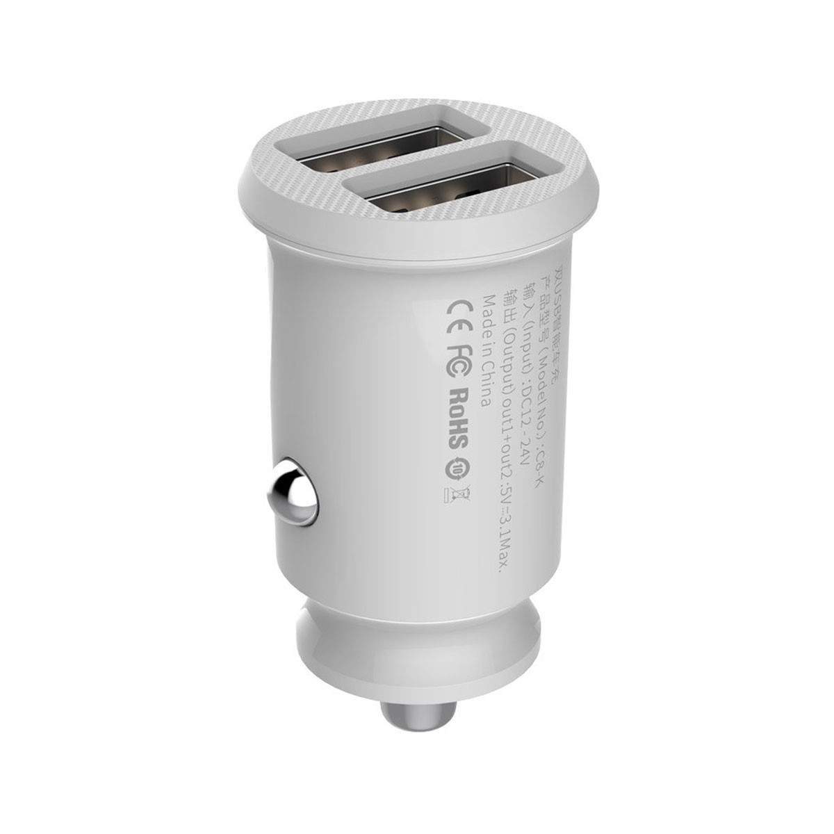 Un adattatore caricabatterie per auto USB doppio bianco con certificazioni CE, FC e RoHS.