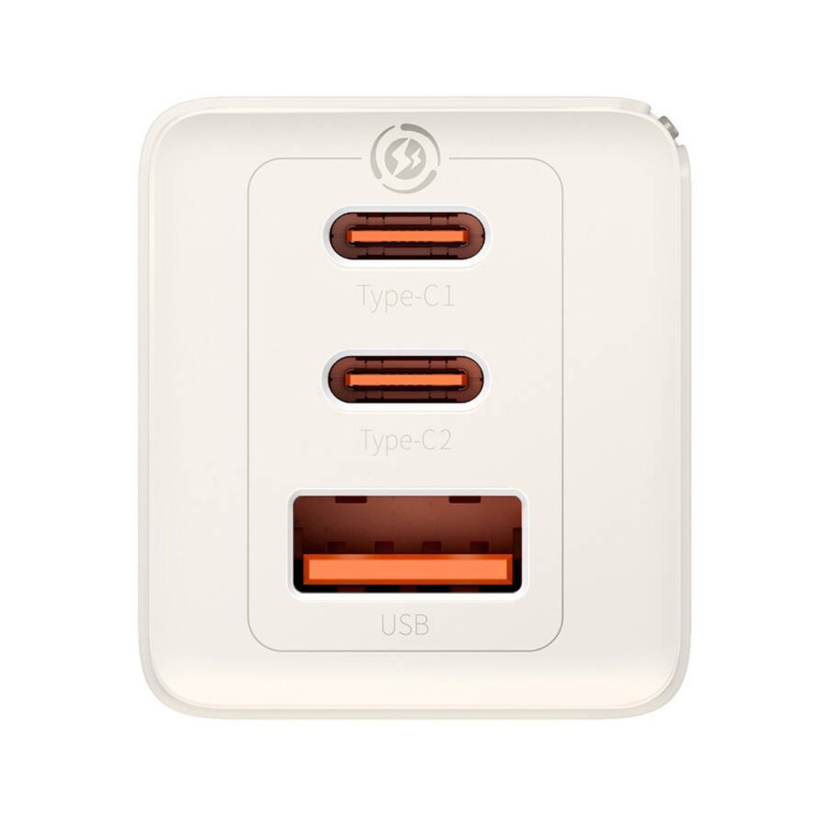 Un caricabatterie bianco con due porte Type-C e una porta USB.