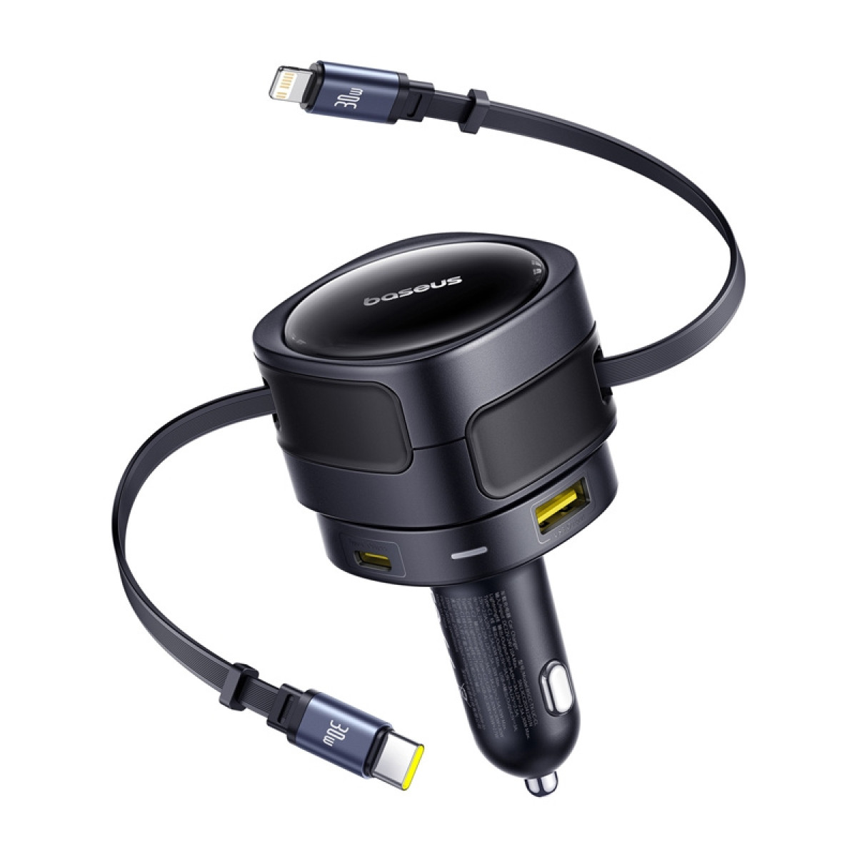 Un caricabatterie per auto Baseus nero con due porte USB-A e due cavi.