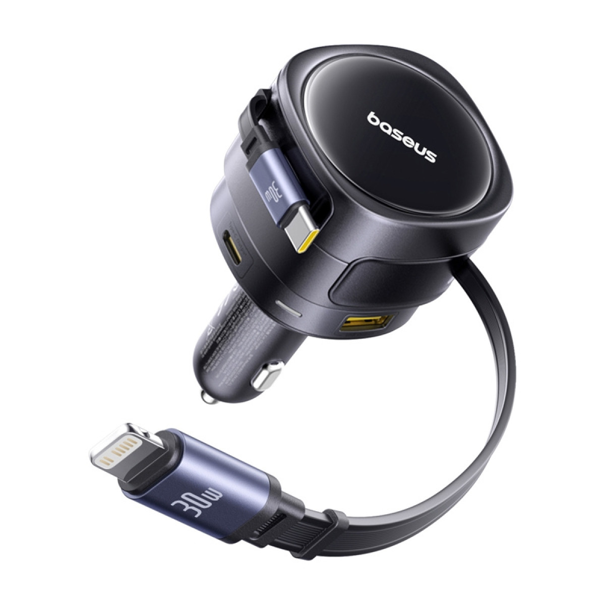 Caricabatterie per auto Baseus con cavo di ricarica e porte USB.