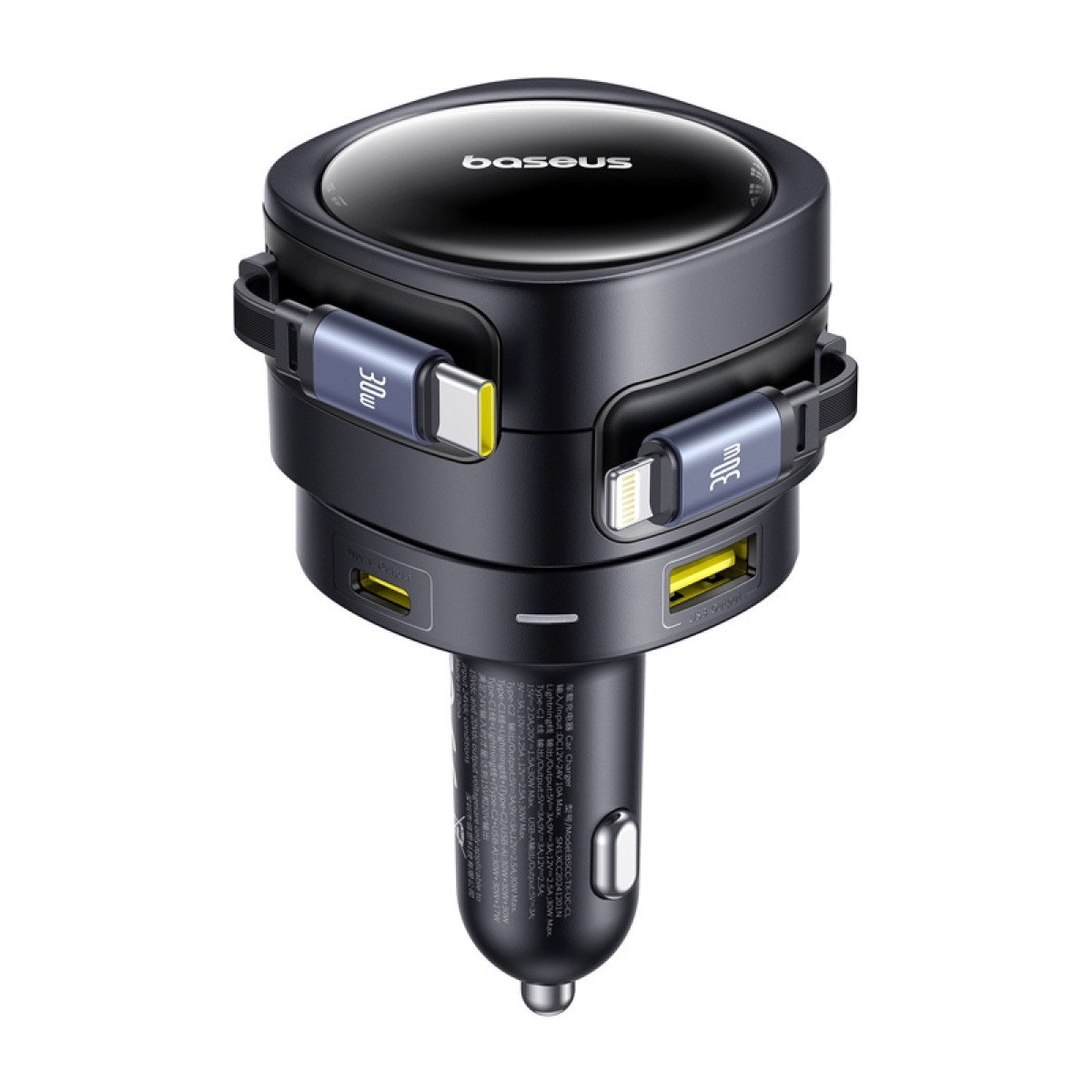 Caricabatterie per auto Baseus nero con due cavi, porte USB e USB-C.