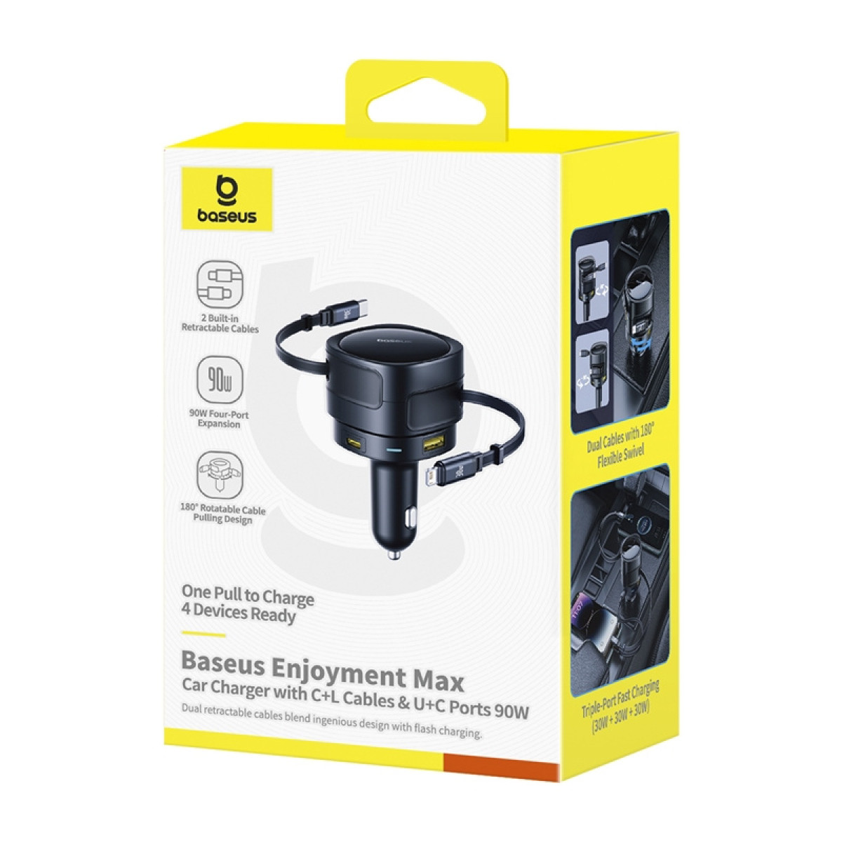 Caricabatterie auto Baseus da 90W con 2 cavi retrattili e 4 porte.