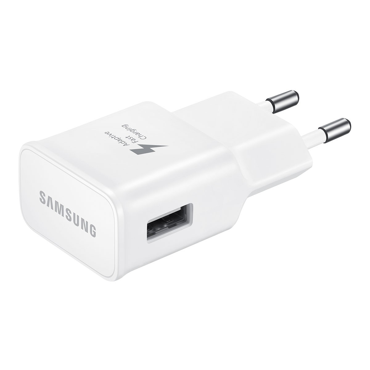 Un adattatore bianco Samsung a ricarica rapida con porta USB e due pin.