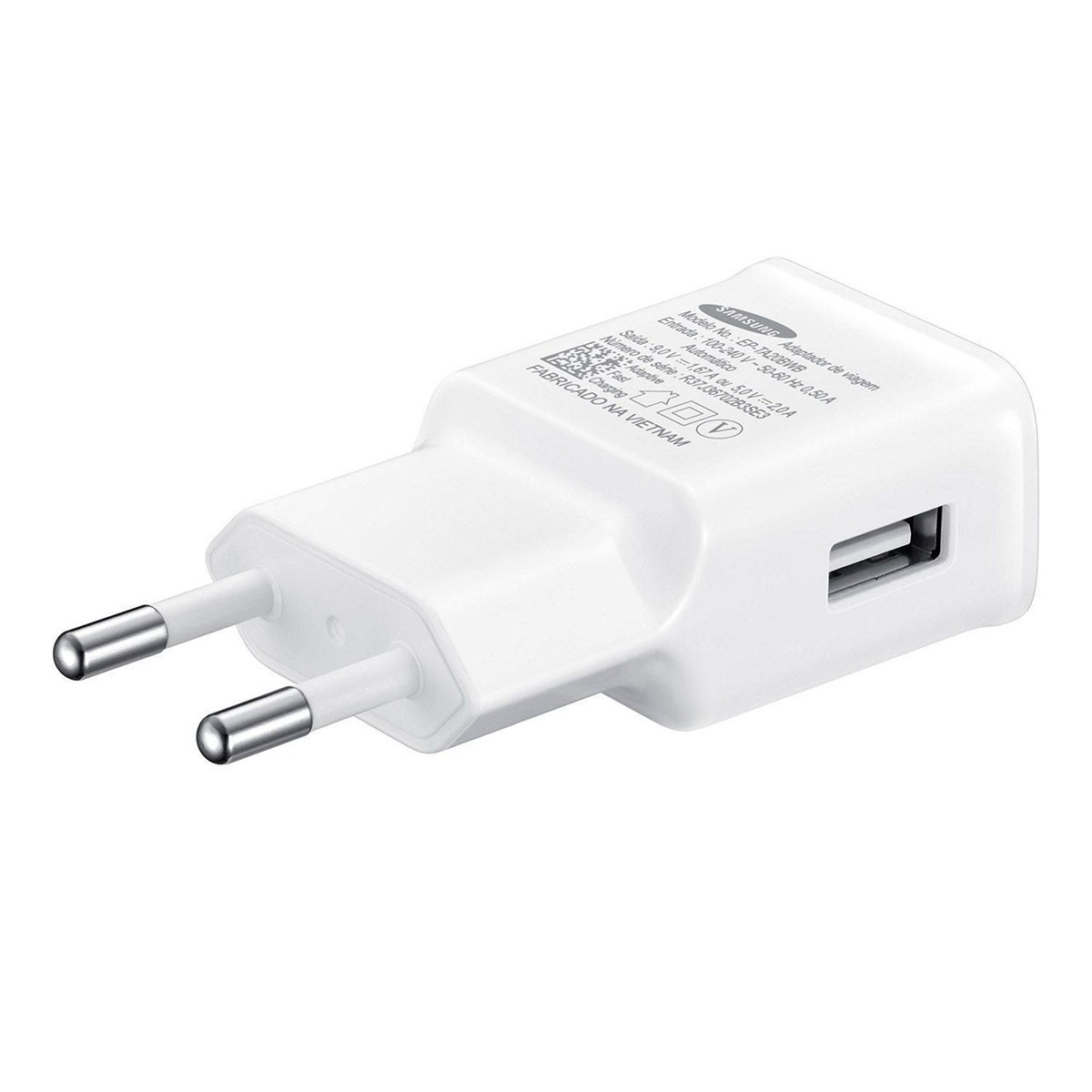 Un adattatore da viaggio Samsung bianco con due poli e una porta USB.