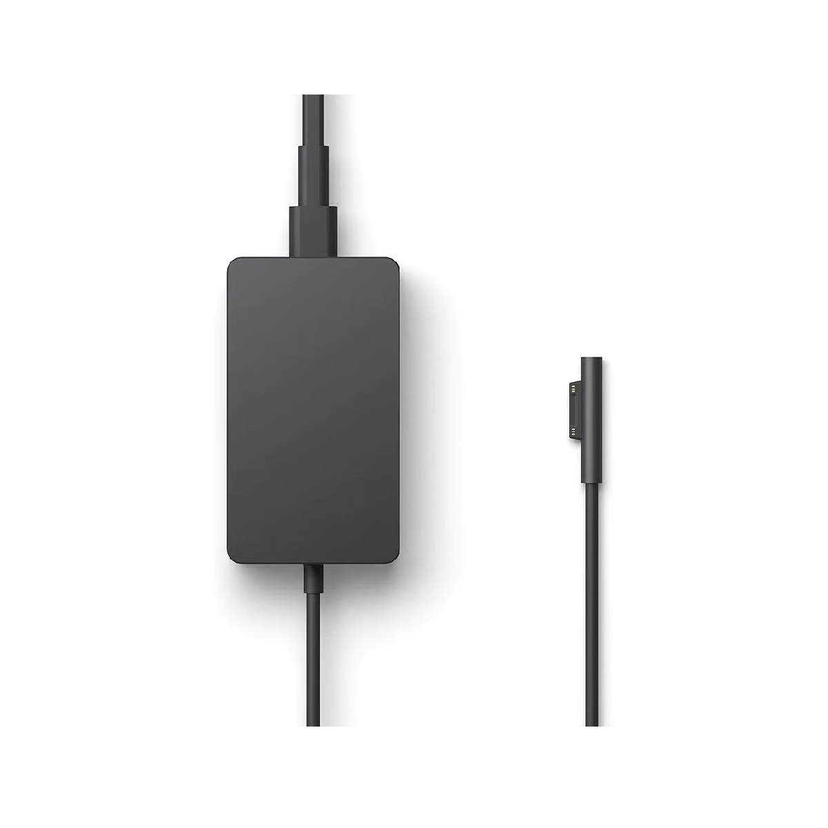 Un alimentatore nero con cavo e connettore magnetico.