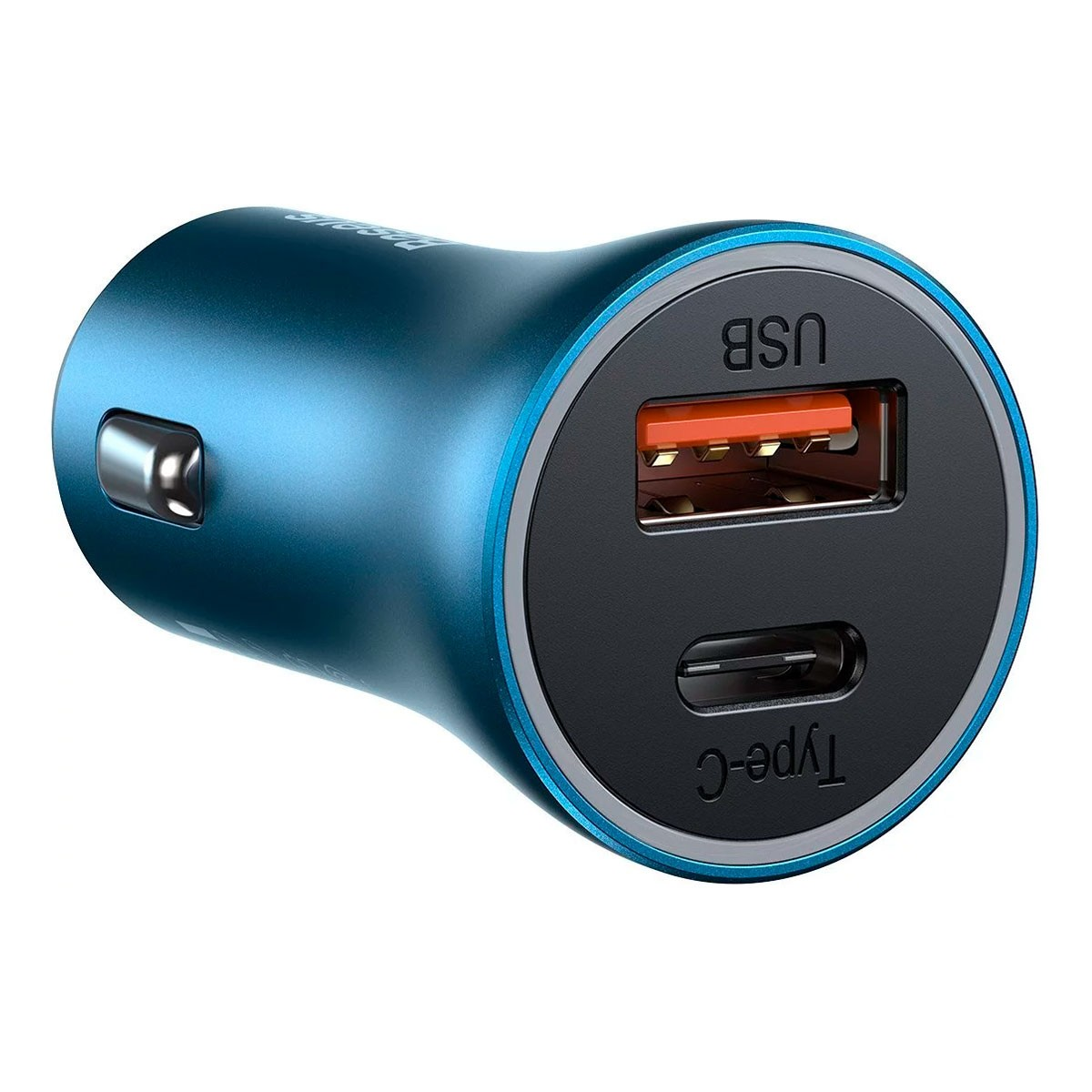 Un adattatore USB per auto blu con una porta USB-A e una USB-C.