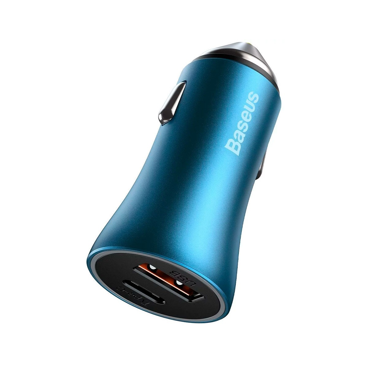 Caricatore auto Baseus blu con porte USB e USB-C su sfondo bianco.
