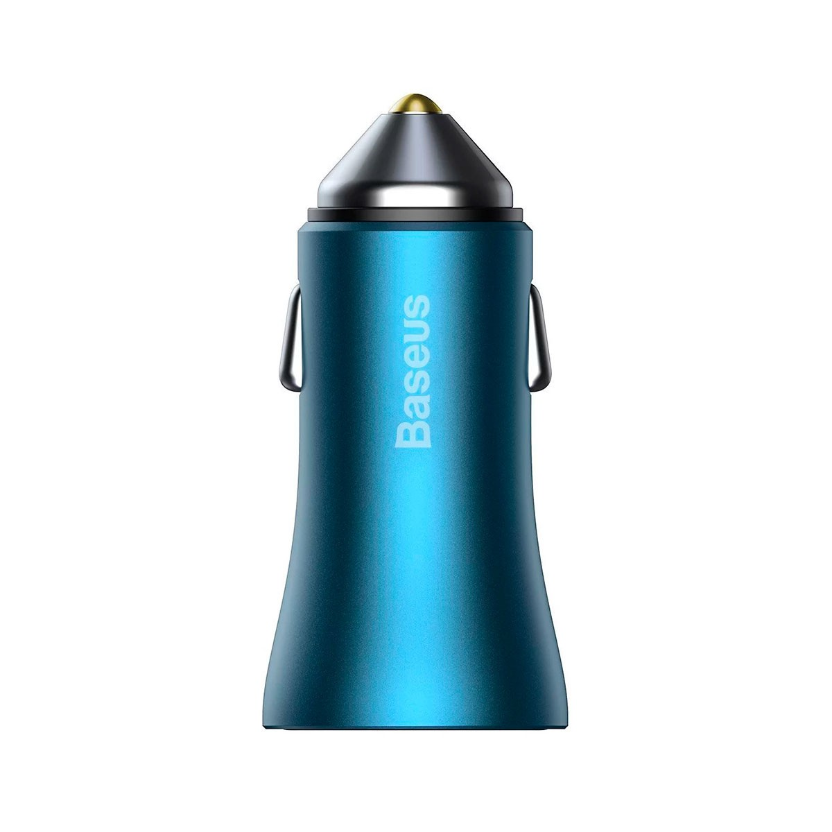 Adattatore accendisigari per auto Baseus blu con punta argentata e accento dorato.