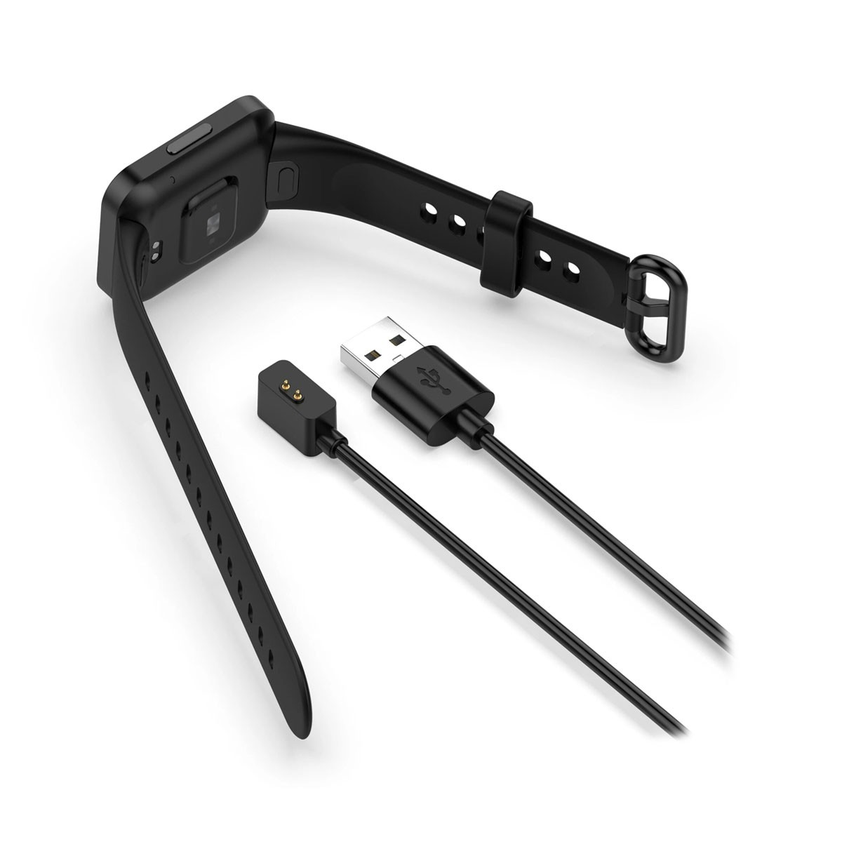 Uno smartwatch nero con cavo di ricarica e connettore USB staccati.