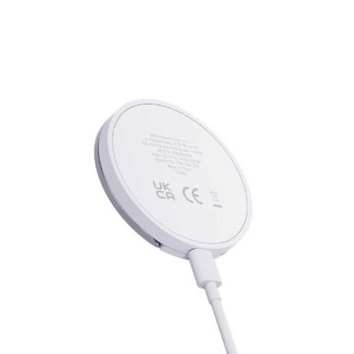 Caricabatterie wireless bianco con marchi UK CA e CE, collegato a un cavo bianco.