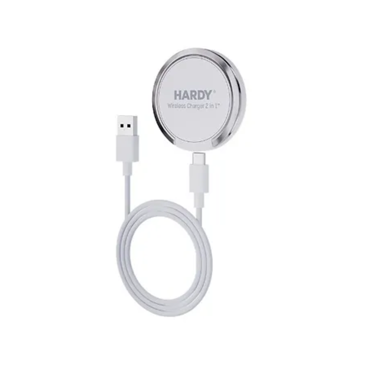 Un caricabatterie wireless HARDY 2in1 bianco con cavi USB-A e USB-C.