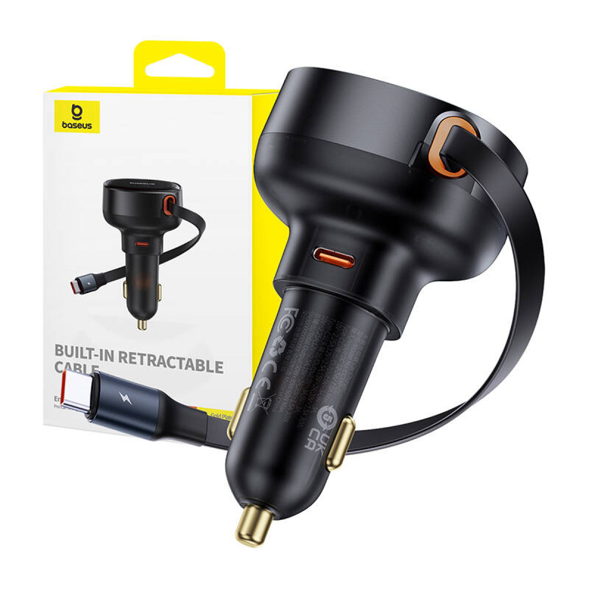 Caricabatterie per auto nero con cavo retrattile e porta USB-C.