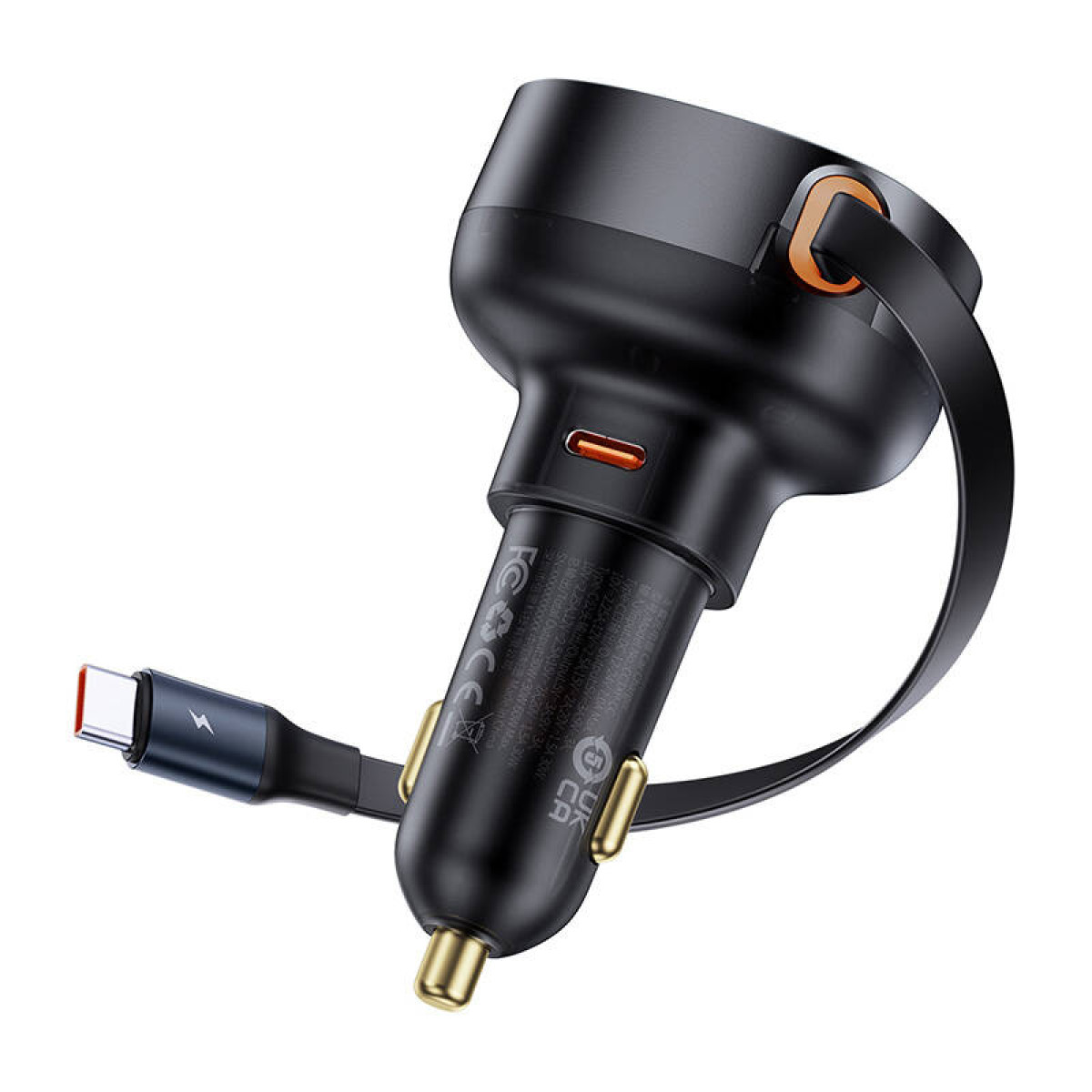 Adattatore USB per auto nero con accenti arancioni e un cavo USB-C.