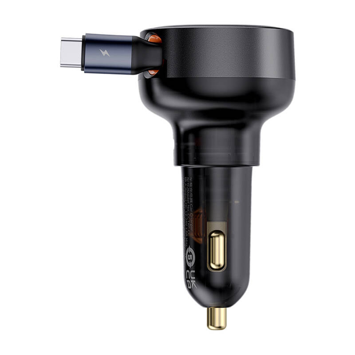 Caricabatterie auto nero con cavo USB-C e simbolo fulmine.