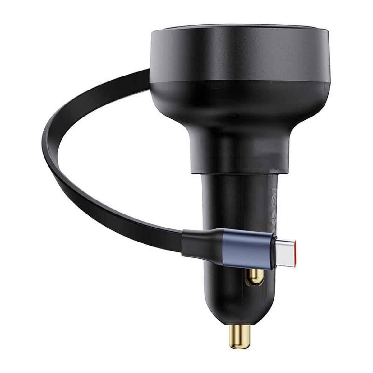 Adattatore USB per auto nero con cavo e connettore USB-C.