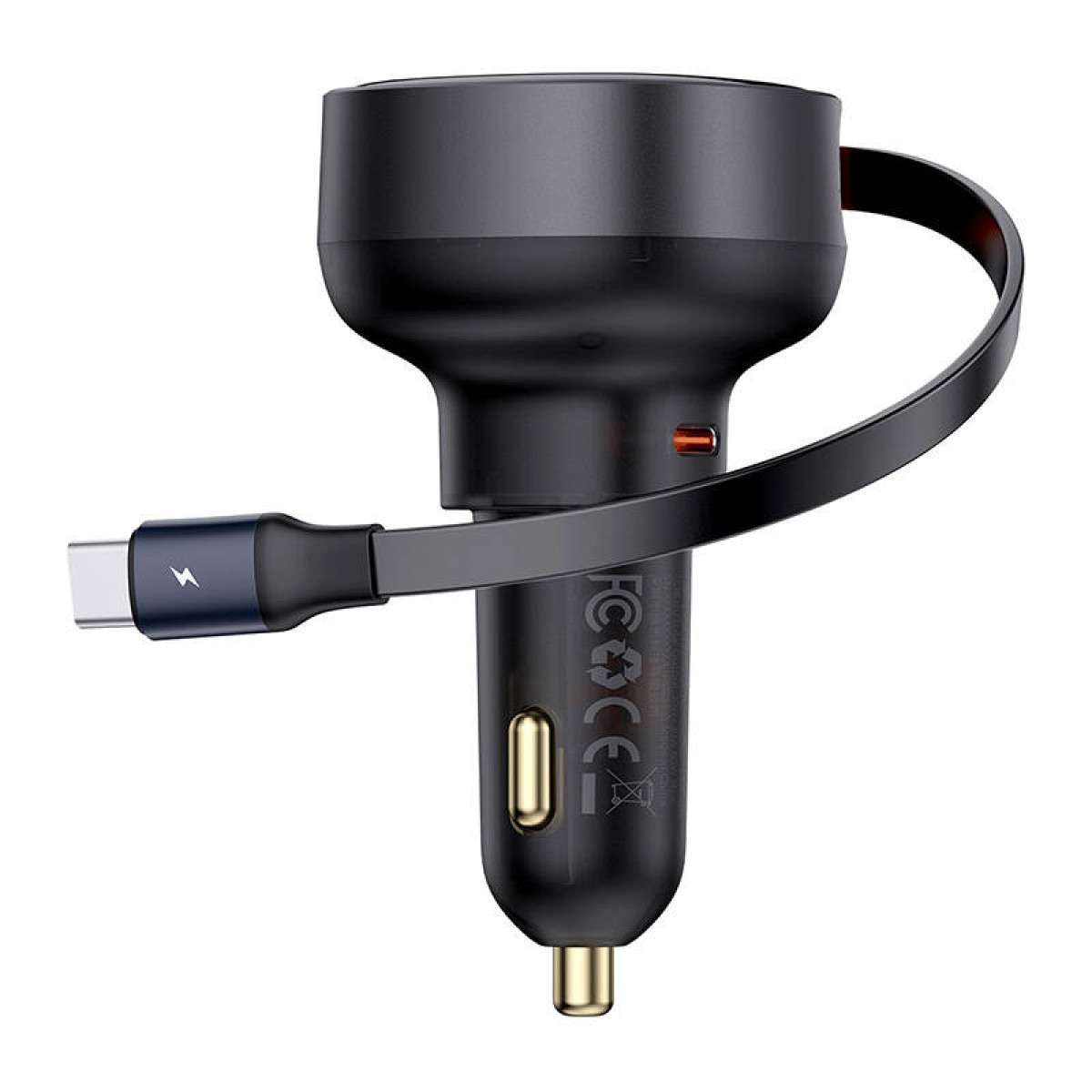 Adattatore USB per auto nero con cavo e simbolo fulmine.