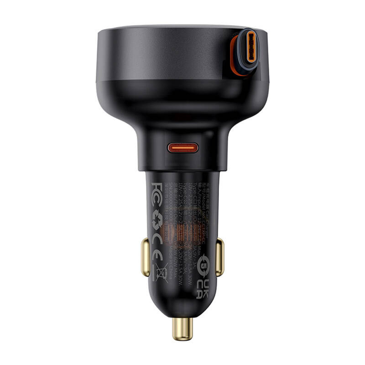Un adattatore per caricabatterie da auto nero con due porte USB-C e dettagli.