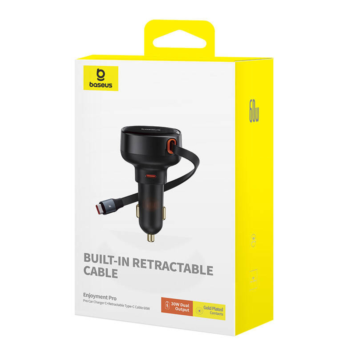 Caricabatterie auto retrattile Baseus da 60W con cavo Type-C su scatola bianca.
