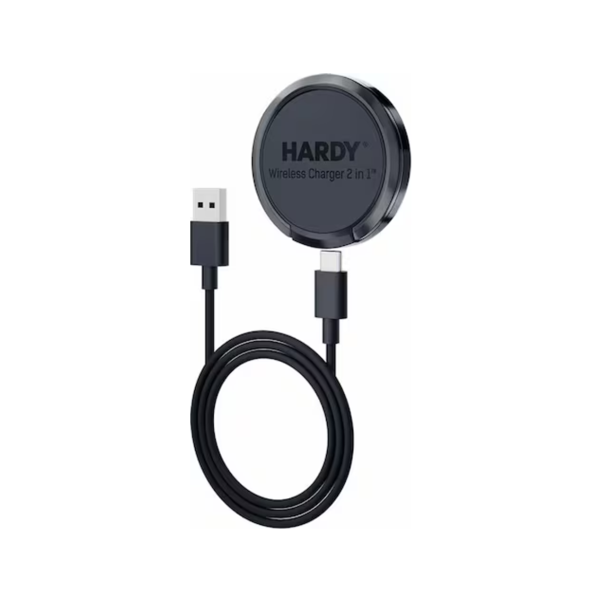 Un caricabatterie wireless Hardy 2 in 1 nero con cavo USB-A e USB-C.