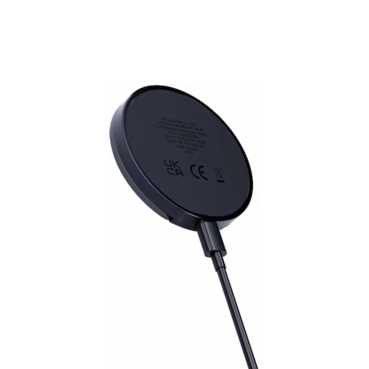 Caricatore wireless nero con marchi UK CA e CE, su sfondo bianco.