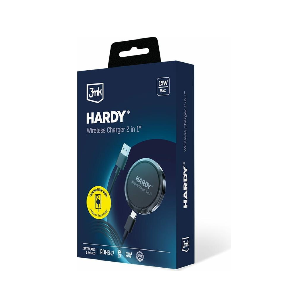 Confezione di un caricabatterie wireless HARDY 15W Max 2-in-1 con tecnologia MagSafe.