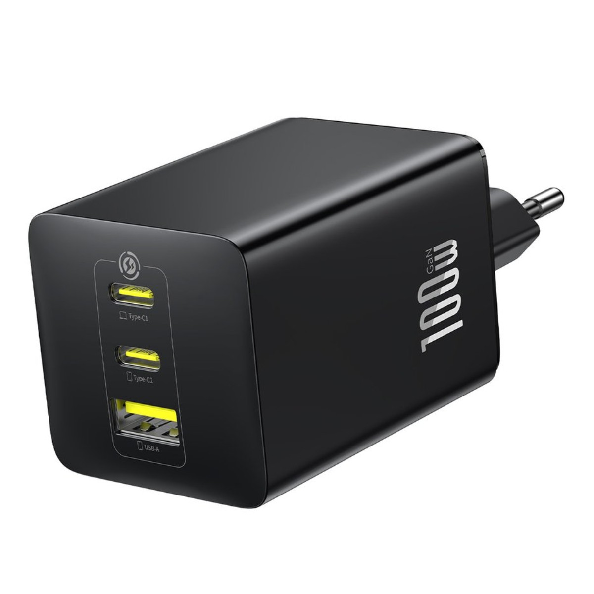 Caricatore GaN nero da 100W con due porte Type-C e una porta USB-A.